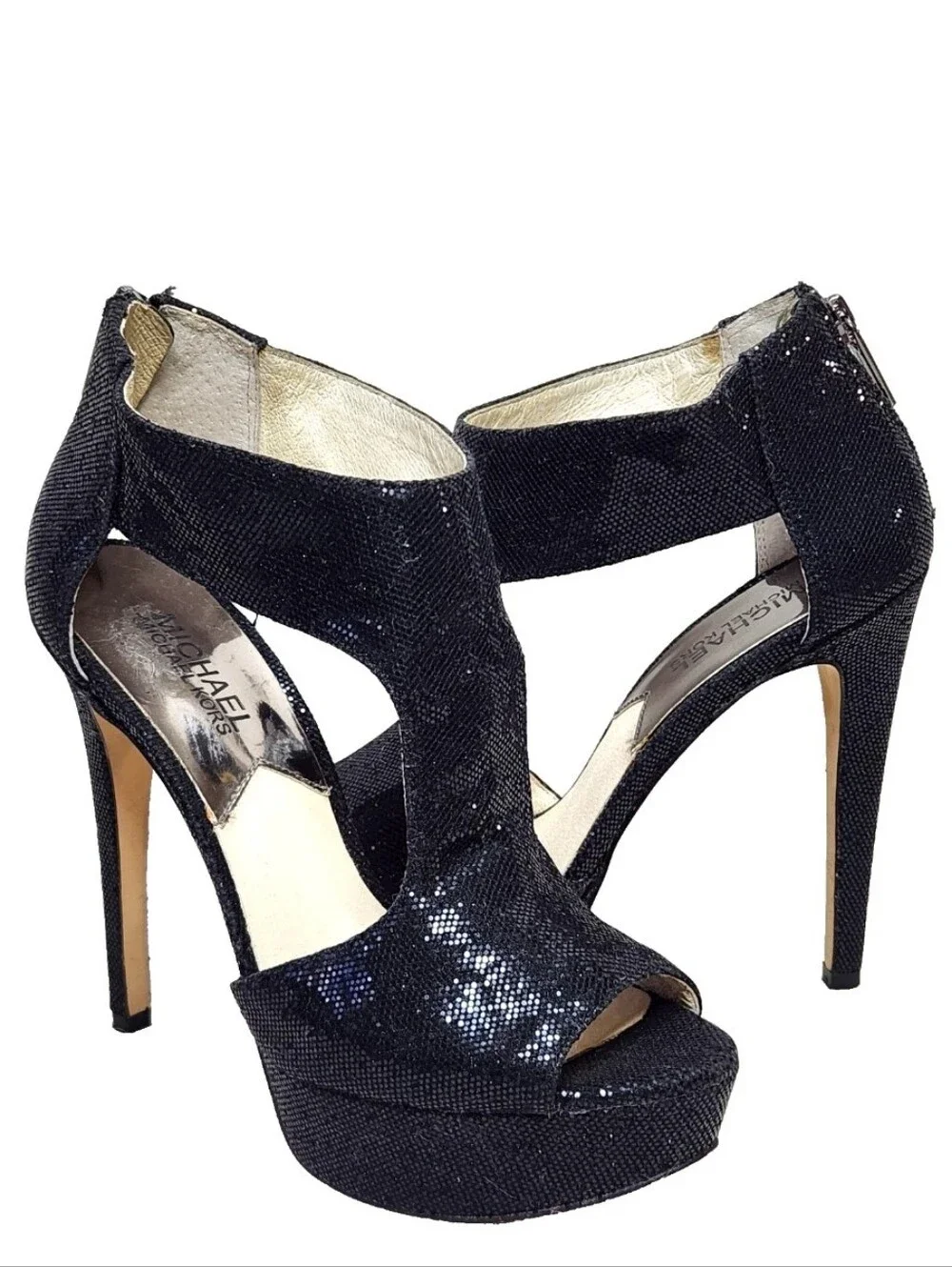 MICHAEL KORS Sparkle Platform Heels Sz 7 Black Ankle T-Strap Cut-Out Back Zip